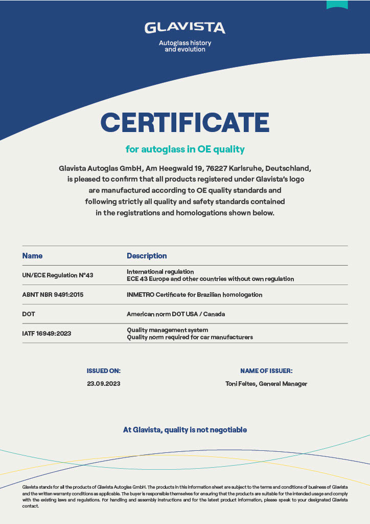Glavista qulaity certificate, Glaivista kvalitātes sertifikāts